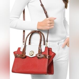 Michael Kors Carmen Small Leather Satchel Dark Persimmon Snake Trim